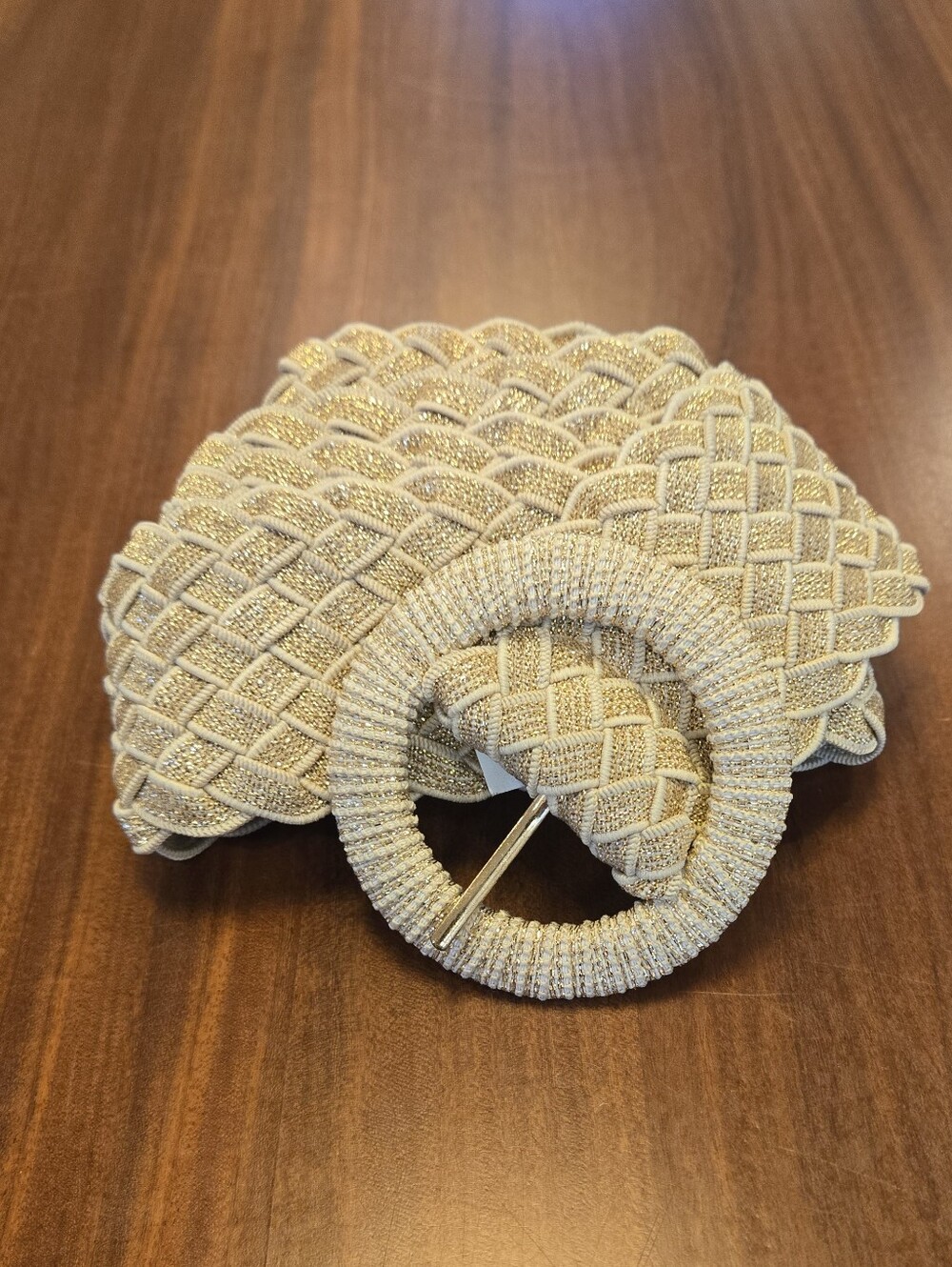 Woven Stretch Belt with Round Buckle Gold & Taupe XL